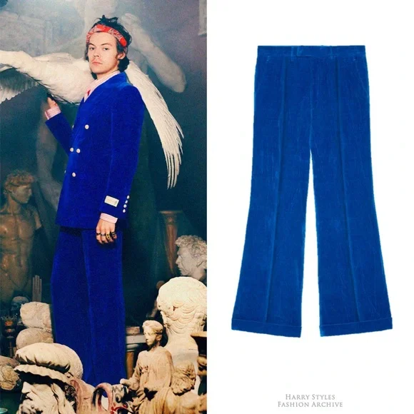 Gucci Blue Velvet Flared Cuffed Pants 48IT MEDIUM Pre-Fall 2019 Harry Styles - Picture 1 of 11
